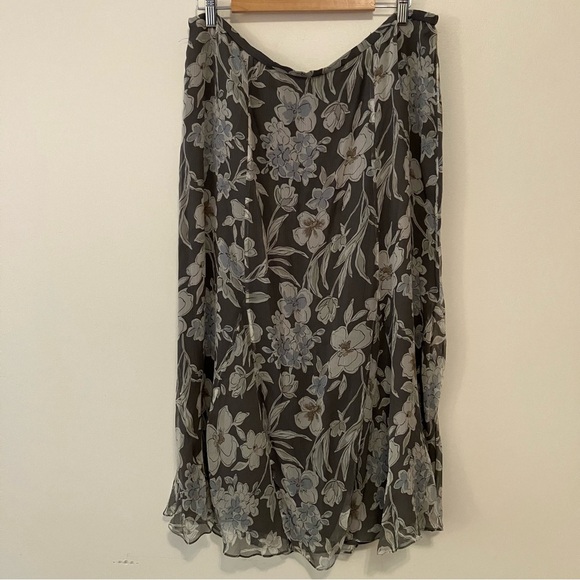 100% Silk Green Floral Long Skirt Plus 18W Fully Lined Back Zipper Elastic Fairy - Picture 1 of 7